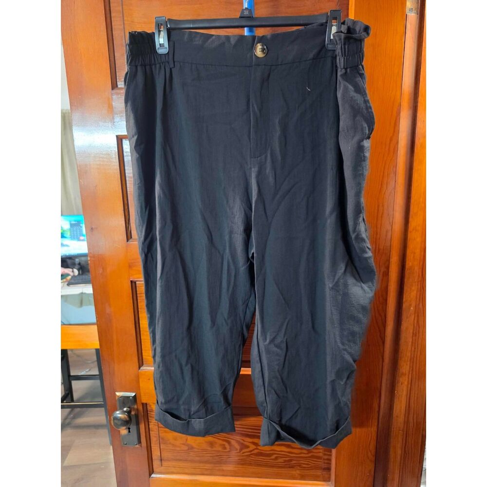 Halara Women’s 2X Black Cuffed Cropped Pants Elastic Back Waist Button Work